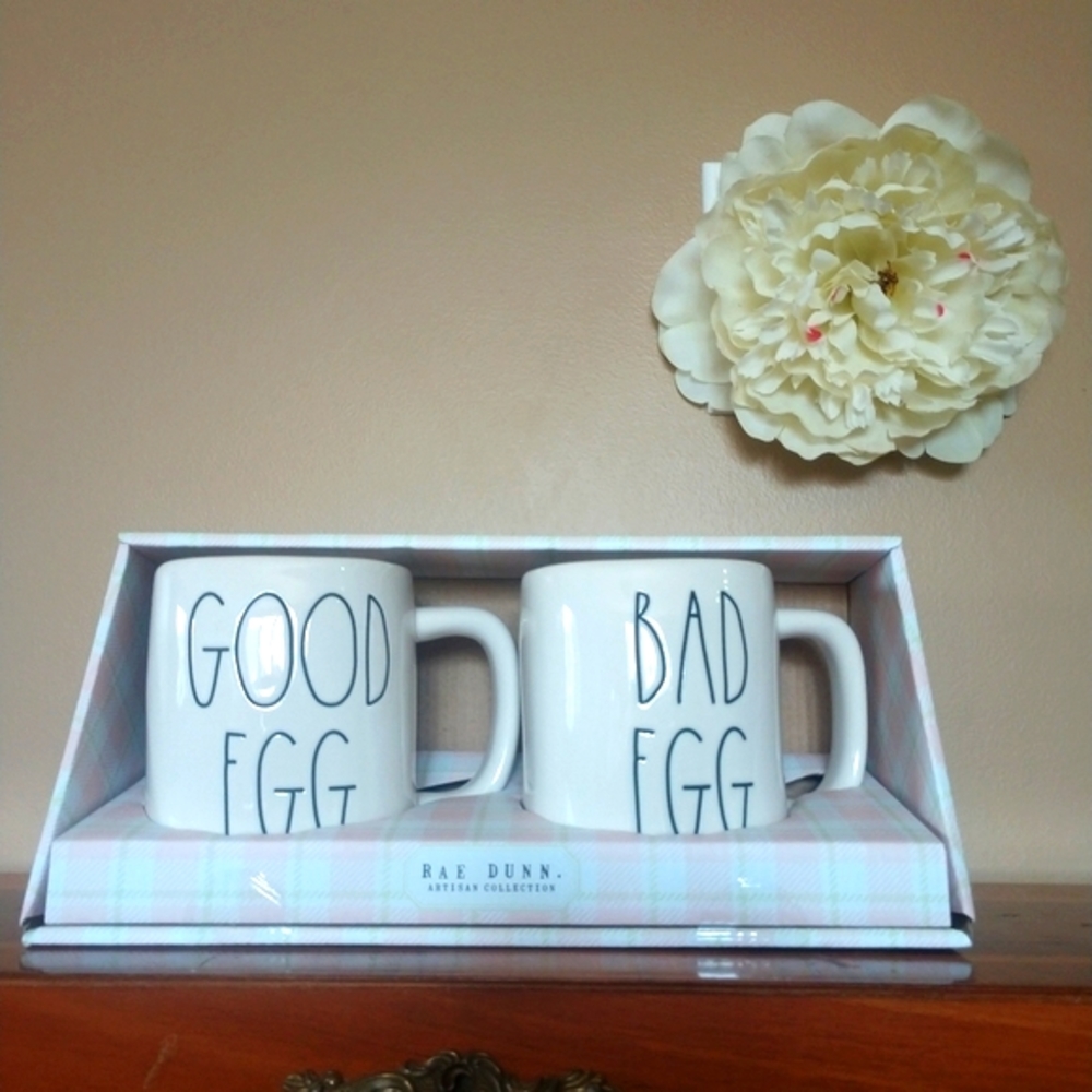 Rae Dunn Good Egg Bad Egg Mug Set, New